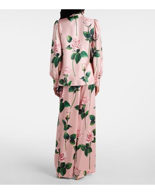 Dolce & Gabbana Pink Floral Tie-Neck Silk Satin Blouse