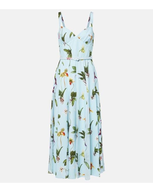Oscar de la Renta Blue Floral Belted Cady Midi Dress