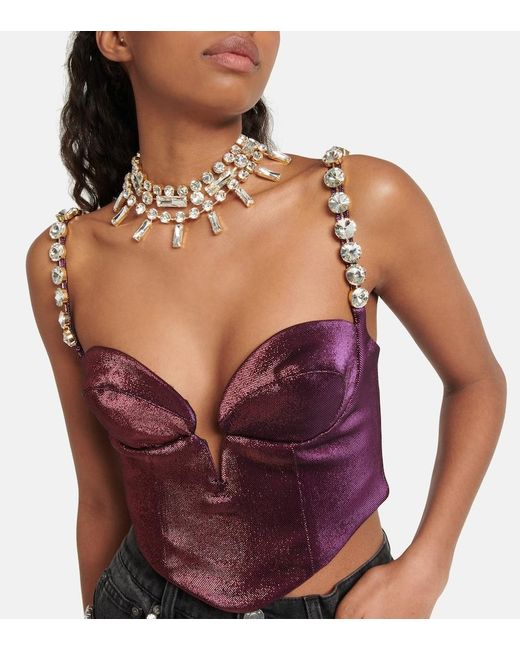 Area Purple Embellished Cotton-Blend Cropped Top
