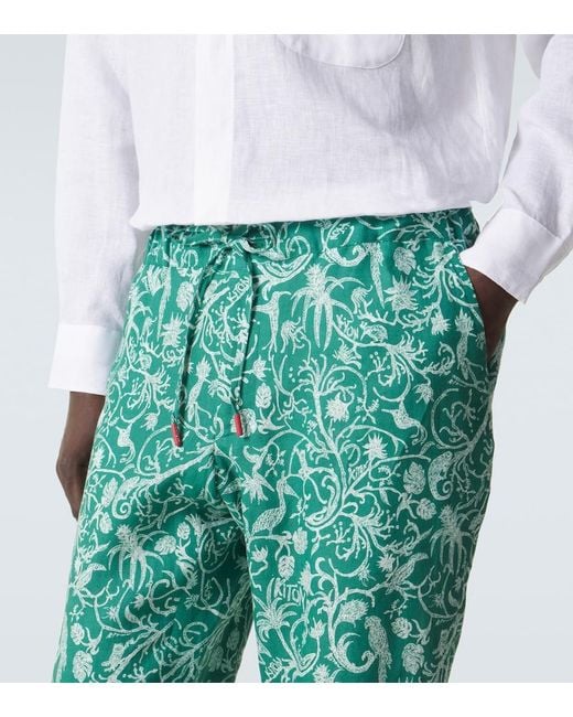 Kiton Blue Printed Linen Pants for men