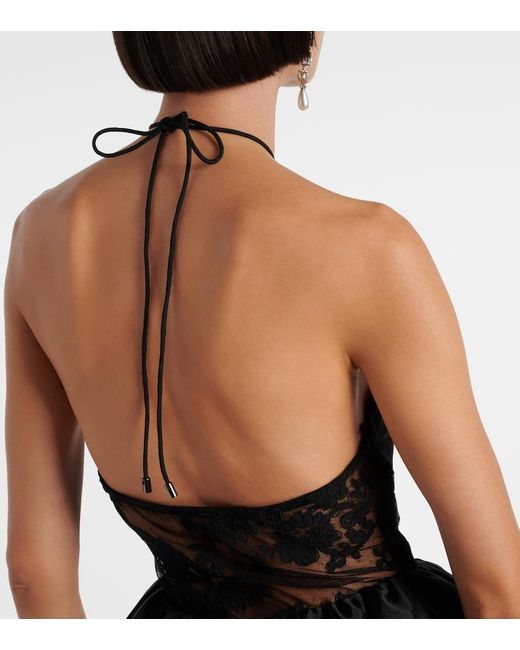 Self-Portrait Black Lace-Trimmed Halterneck Taffeta Minidress