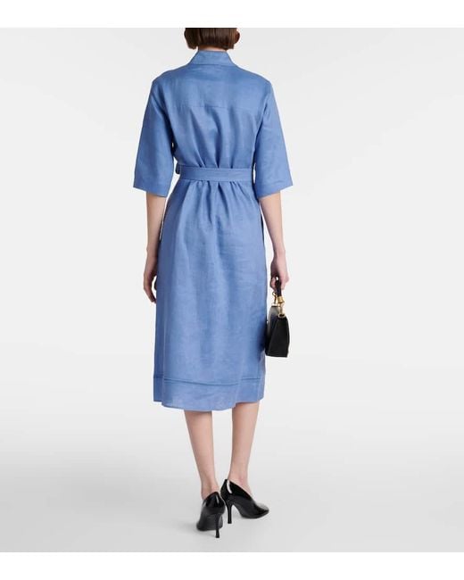 Max Mara Blue Nocino Pleated Linen Midi Dress