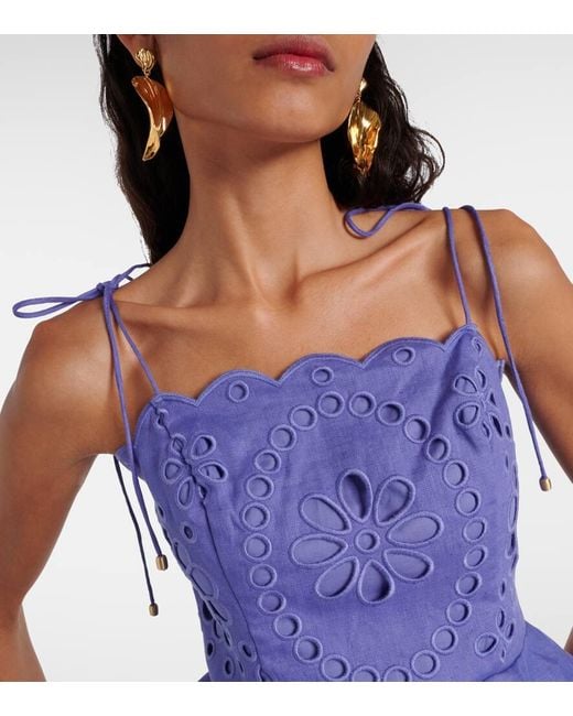 Zimmermann Blue Besticktes Top Pop Aus Leinen