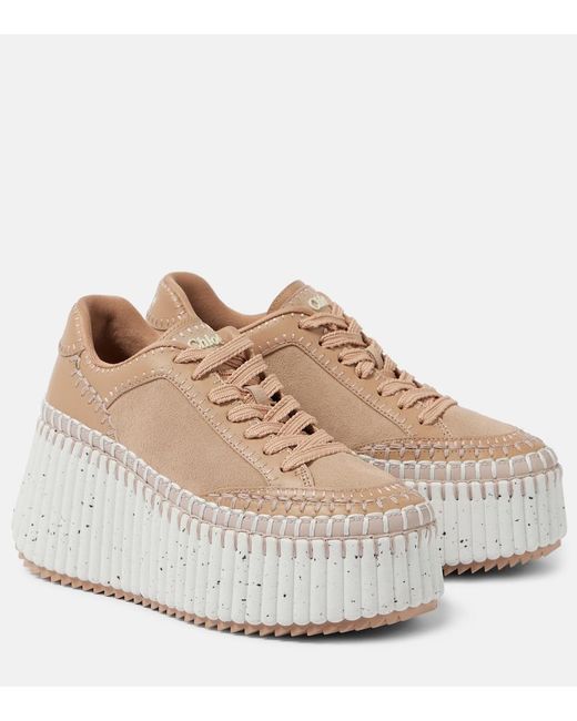 Chloé Natural Nama 80 Suede And Leather Wedge Sneakers