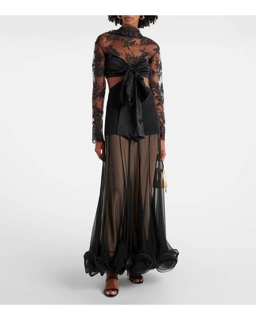 Zimmermann Black Illustration Flounce Lace-Trimmed Silk Gown