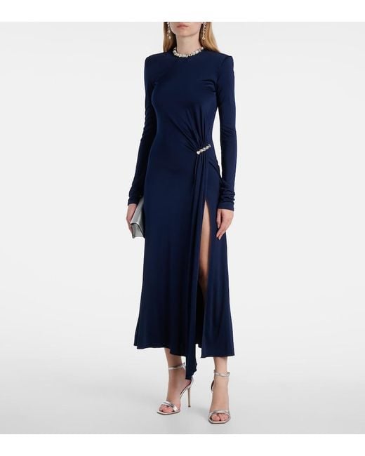 David Koma Blue Crystal-Embellished Gathered Midi Dress