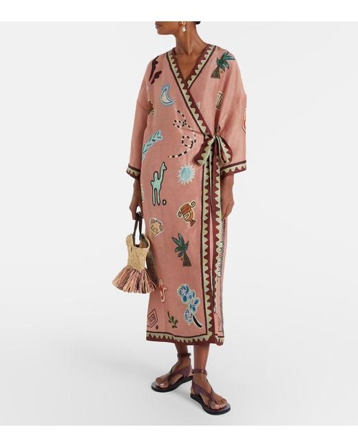 ALÉMAIS Pink Linen And Silk-Blend Wrap Midi Dress