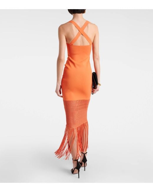 Galvan Orange Fringed Midi Dress