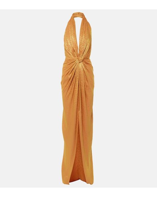 Costarellos Metallic Joa Gathered Halterneck Gown