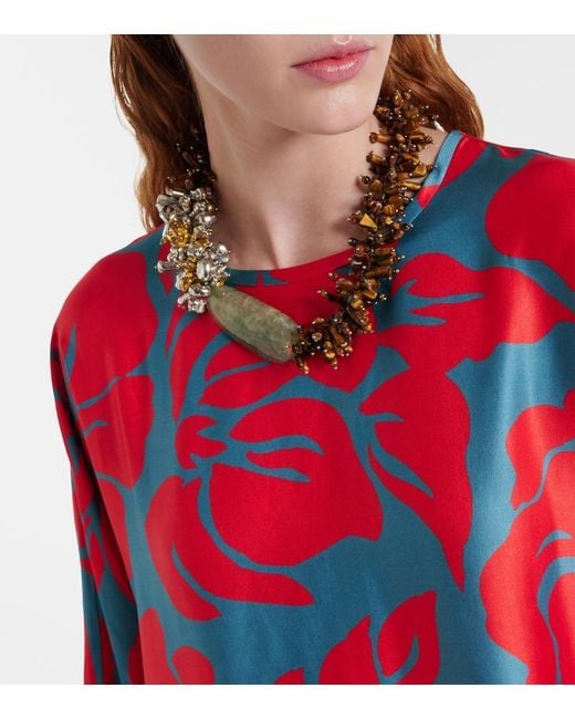 Dries Van Noten Red Floral Satin Midi Dress