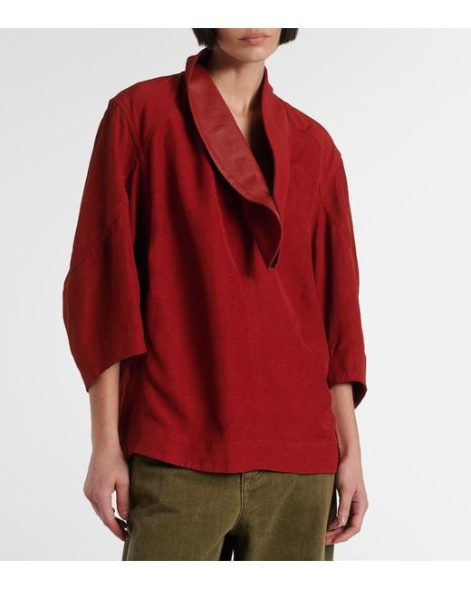 Bottega Veneta Red Oversized Leather-Trimmed Cotton-Blend Crepe Blouse