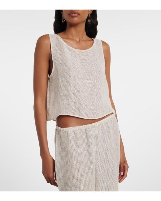 Leset White Stella Sequined Linen-Blend Top