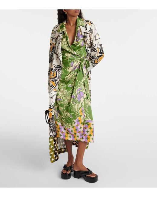 Dries Van Noten Green Printed Satin Wrap Dress