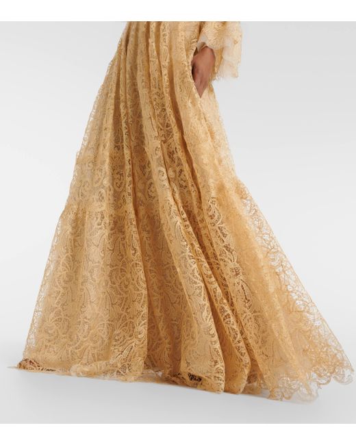 Costarellos Natural Ruched Lace Gown