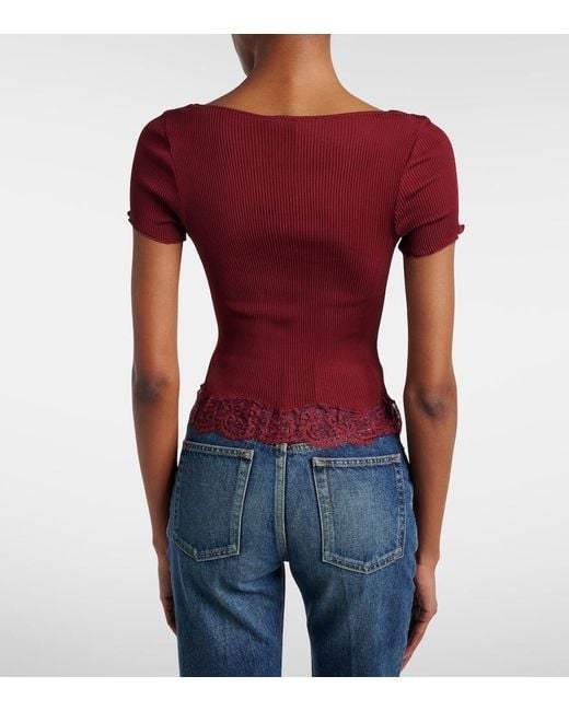 Saint Laurent Red Cropped Leavers Lace-Trimmed Ribbed Silk-Jersey Top