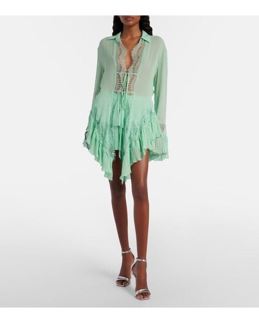 Blumarine Green Plisse Tiered Georgette Miniskirt