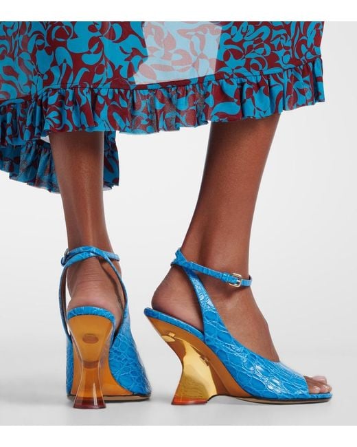 Dries Van Noten Blue Croc-Effect Leather Wedge Sandals