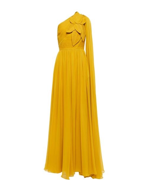 Robe longue asymetrique en soie Elie Saab en coloris Yellow