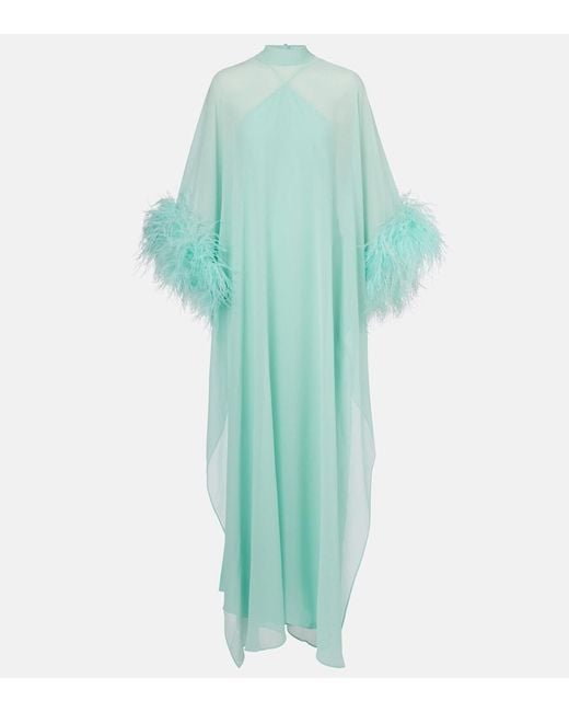 Taller Marmo Green Penelope Feather-Trimmed Silk Kaftan