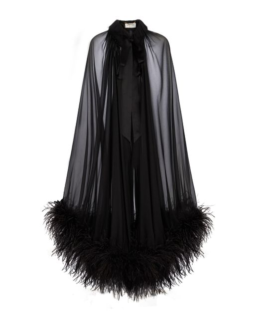 Mantella in chiffon di seta con piume di Saint Laurent in Black
