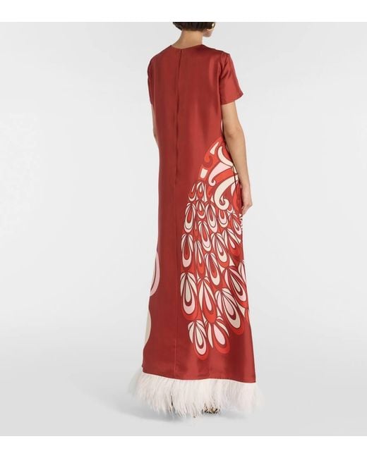 LaDoubleJ Red Swing Feather-Trimmed Silk Maxi Dress