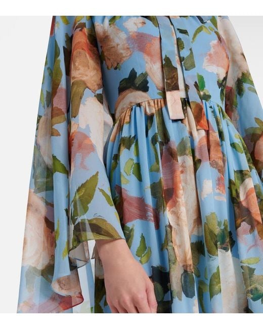 Erdem Blue Caped Floral Silk Voile Gown