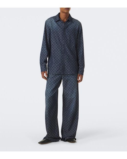 Gucci Blue Gg Cotton Chambray Jacquard Shirt for men