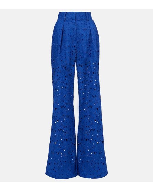 Rebecca Vallance Blue Zaffre Broderie Anglaise Cotton Flared Pants