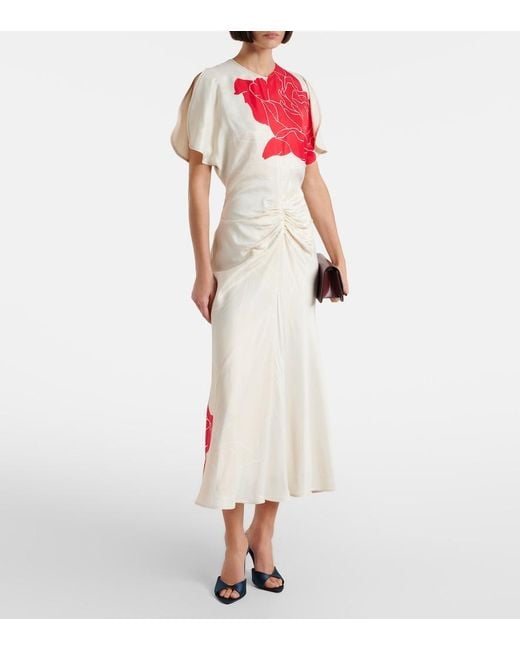 Victoria Beckham White Gathered Floral Midi Dress
