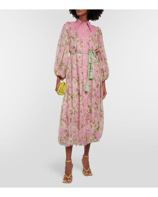 ALÉMAIS Pink Silk Floral Midi Dress