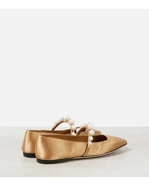 Jimmy Choo Ade Embellished Satin Mary Jane Flats in Natural | Lyst