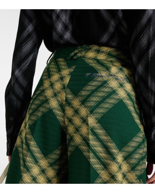 Burberry Green Checked Wool Twill Wide-leg Pants