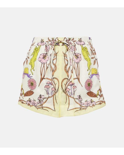 Shorts de lino de tiro alto floral Tory Burch de color White
