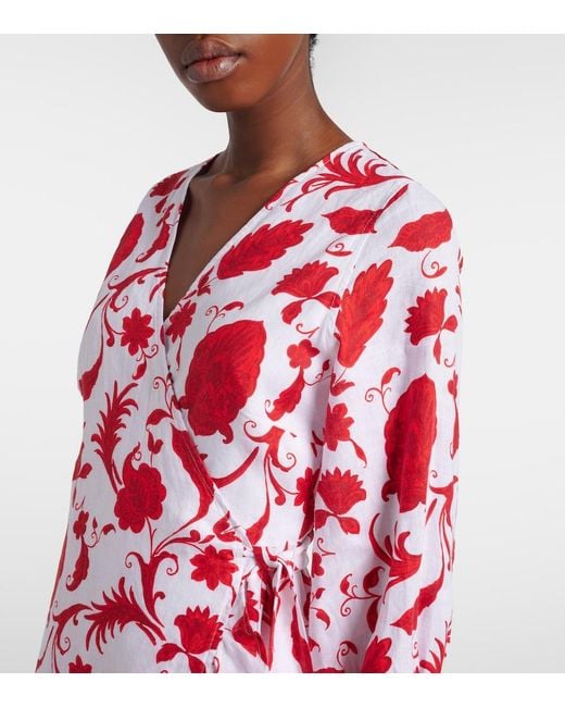Heidi Klein Red Evia Floral Ruffled Linen Wrap Dress