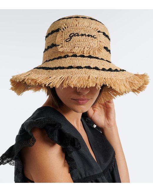 Ganni Natural Striped Raffia Bucket Hat
