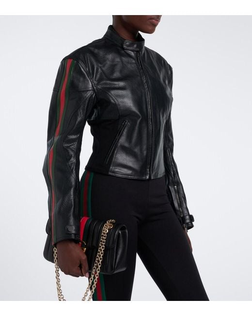 Gucci Black Web Stripe Leather Biker Jacket