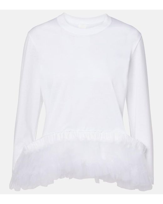 Noir Kei Ninomiya White Tulle-Trimmed Cotton Jersey Top