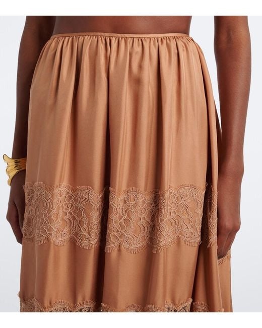 Ulla Johnson Brown Chantal Lace-Trimmed Silk Maxi Skirt