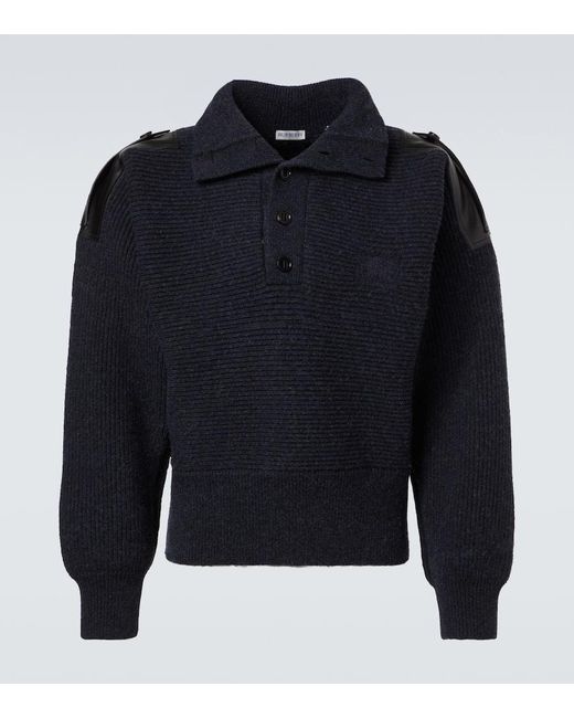 Burberry Blue Leather-Trimmed Wool-Blend Polo Sweater for men