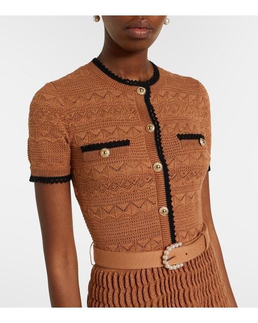 Self-Portrait Brown Belted Pointelle Cotton-Blend Midi Dress