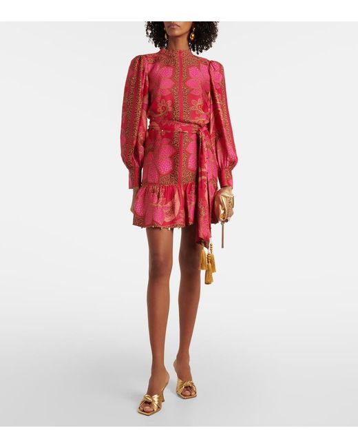 Vestido Corto Floral Glam Scarf De Saten Farm Rio de color Red