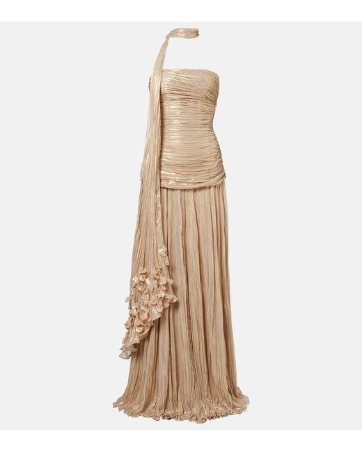Marmar Halim Natural Dayana Pleated Scarf-Detail Bustier Gown