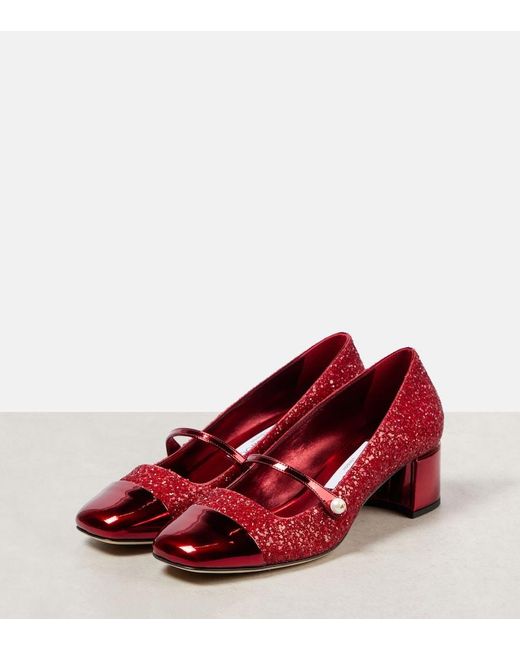 Jimmy Choo Red Elisa 45 Glitter Leather Mary Jane Pumps