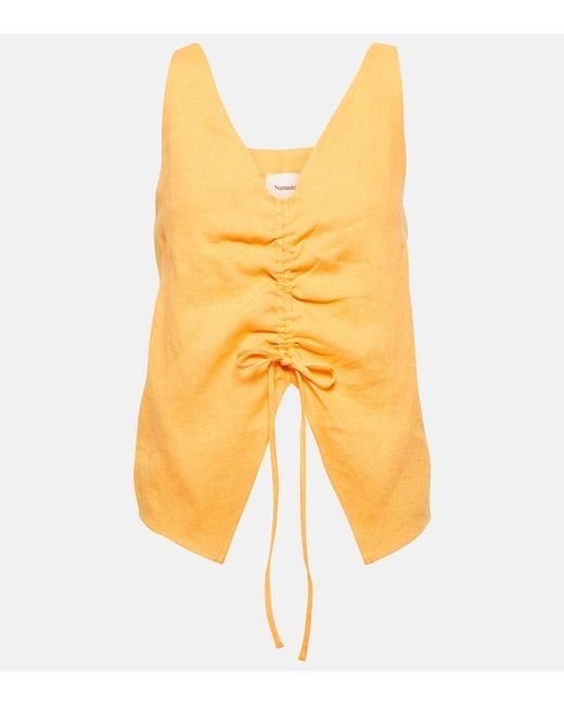 Nanushka Yellow Ruched Linen Top