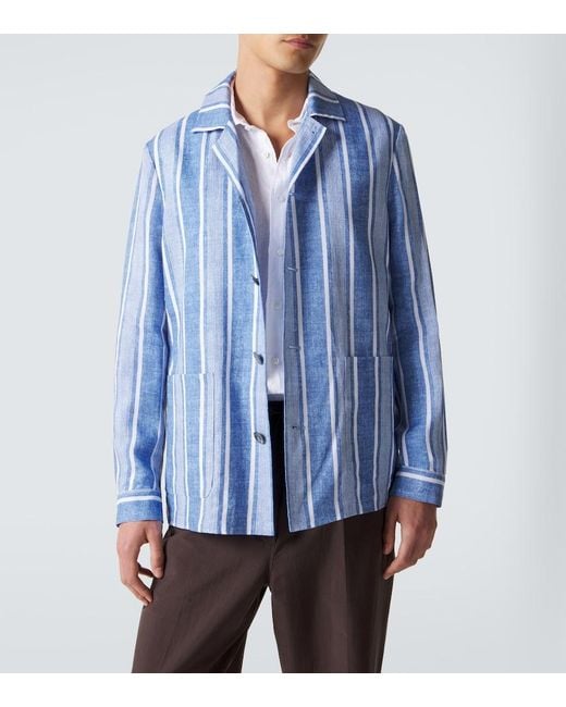 Fedeli Blue Striped Linen Overshirt for men