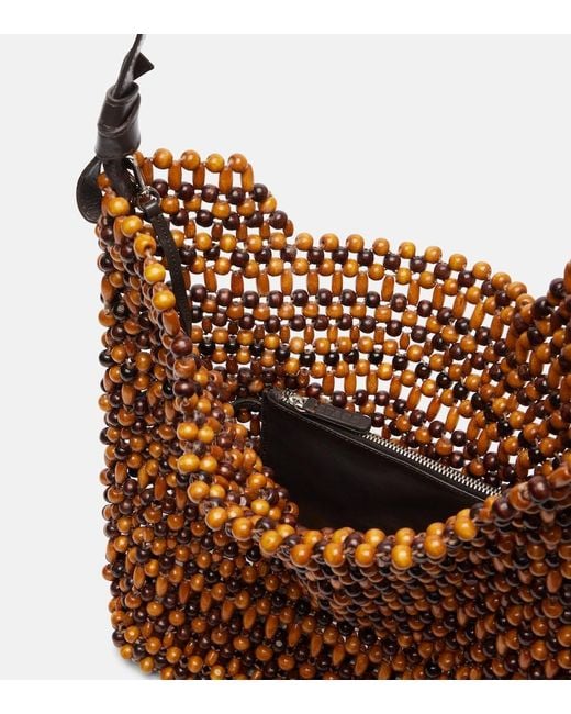 Staud Brown Drift Beaded Leather-Trimmed Tote Bag