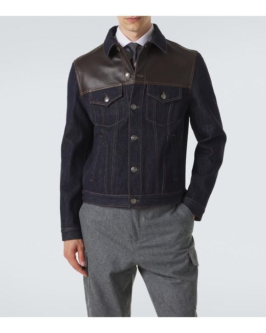 Brunello Cucinelli Blue Leather-Trimmed Denim Jacket for men
