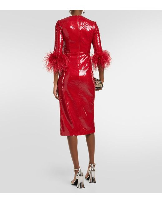 Rebecca Vallance Red Nika Feather-Trimmed Sequined Midi Dress