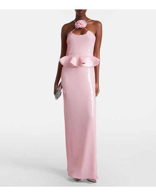 Rodarte Pink Floral-Applique Sequined Peplum Gown