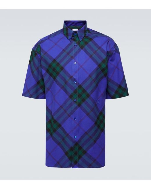 Camicia in twill di cotone a quadri con collo button-down e logo ricamato di Burberry in Blue da Uomo